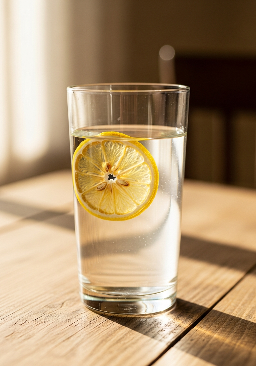 A freeze-dried lemon slice blooming in a glass of water