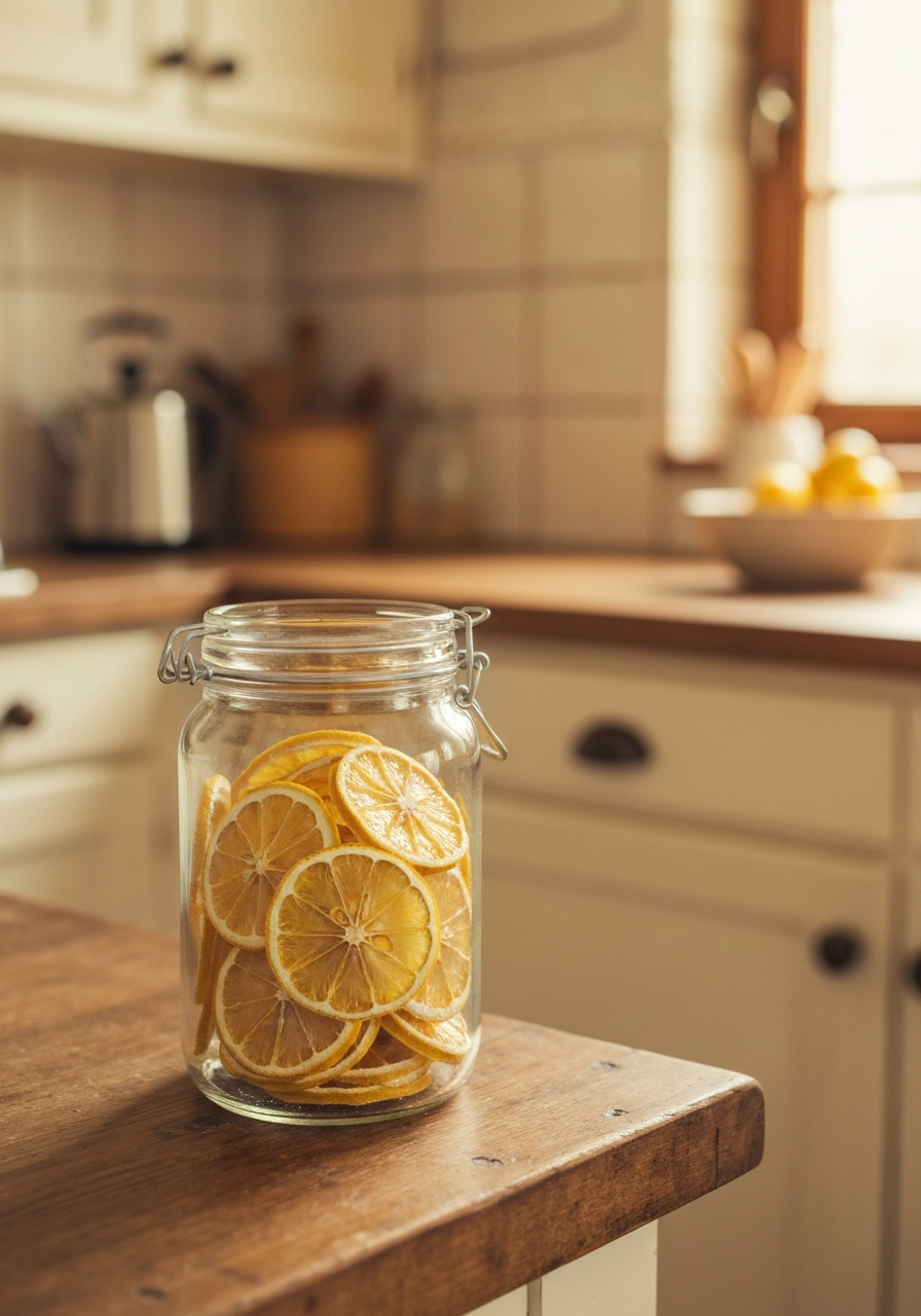 Mason jar of freeze-dried lemon slices on a sunny kitchen counter