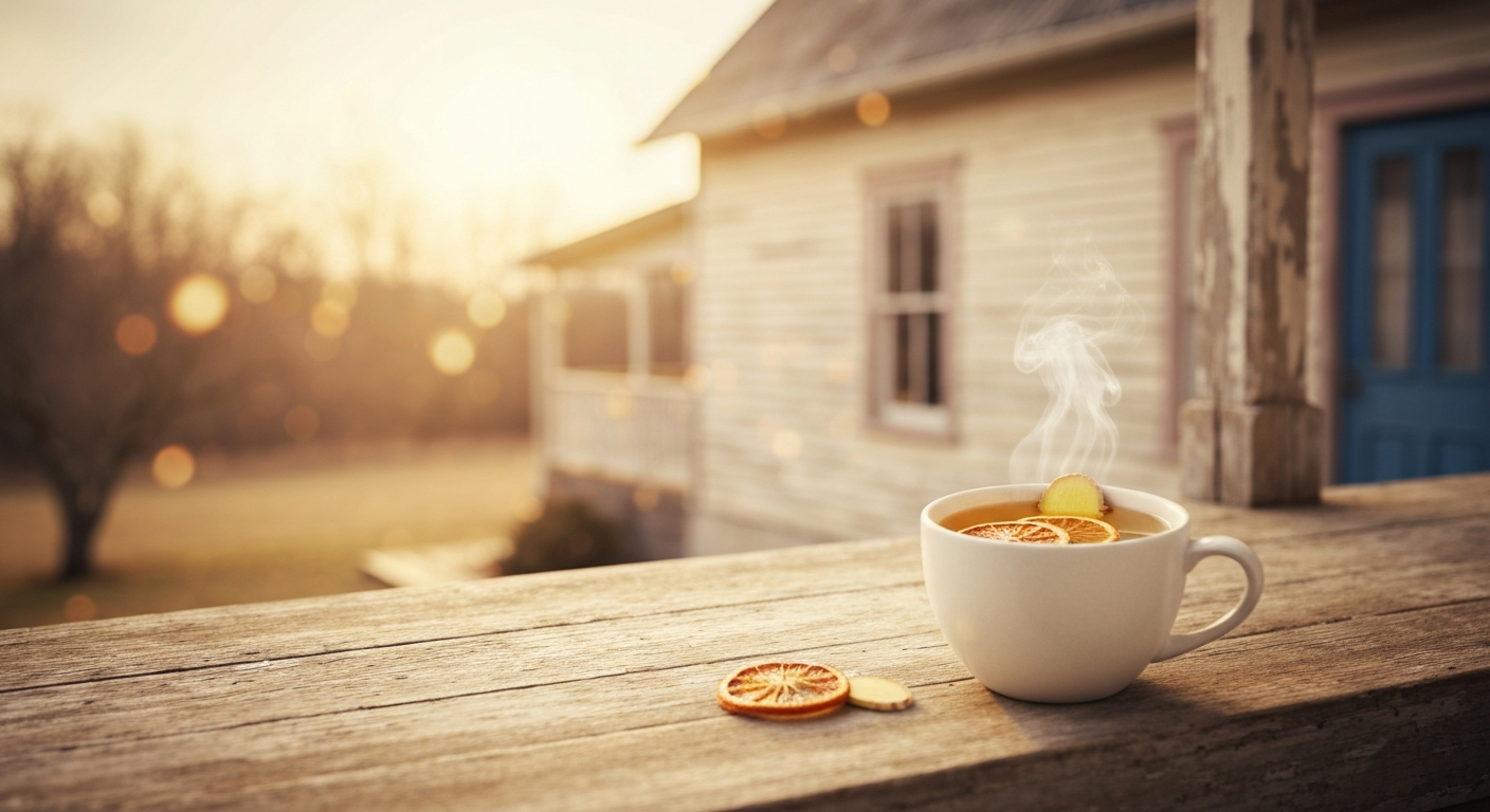 Cozy cup of warm orange-ginger water on a porch rail