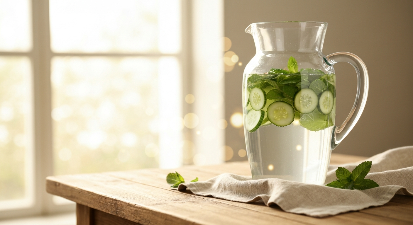 Cucumber-mint spa pitcher on a wooden table