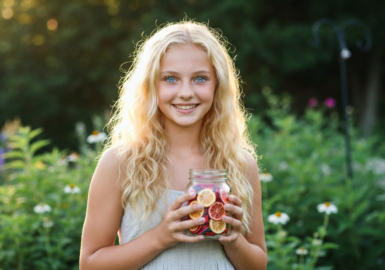Roxy in the garden holding a mason jar of freeze-dried fruit